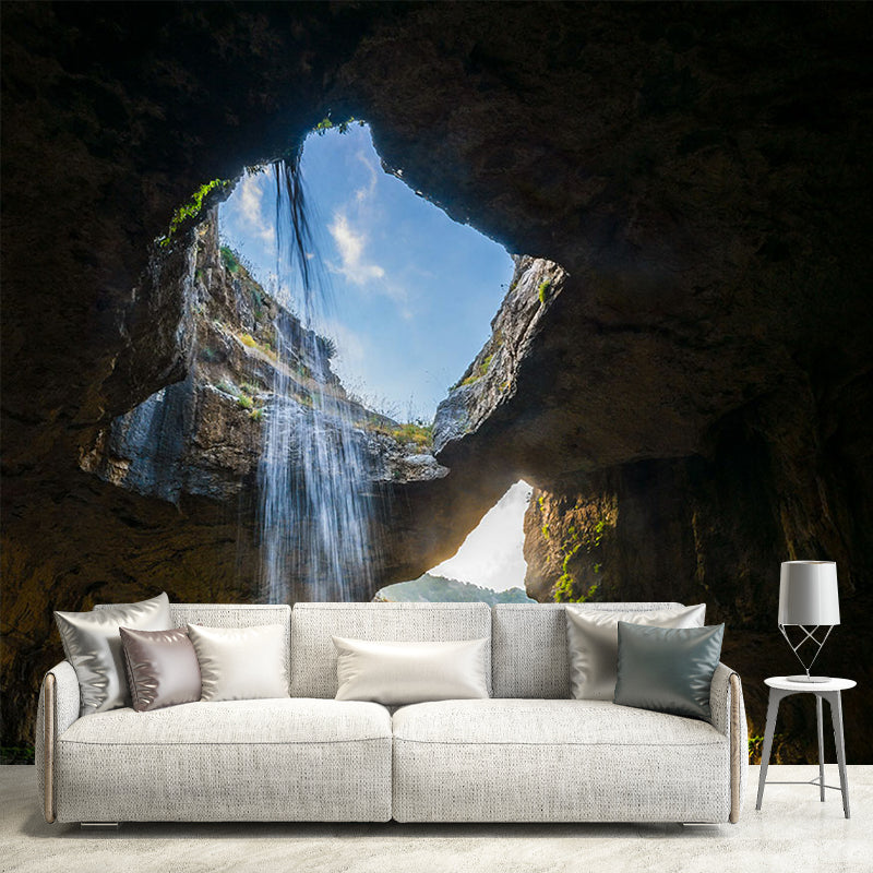 Modern Interior View Mural Green Cave with Cascade Landscape Wall Decor, Made to Measure Green Clearhalo 'Wall Decor' 'Wall Mural' 1505408