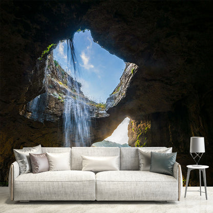 Modern Interior View Mural Green Cave with Cascade Landscape Wall Decor, Made to Measure Green Clearhalo 'Wall Decor' 'Wall Mural' 1505408