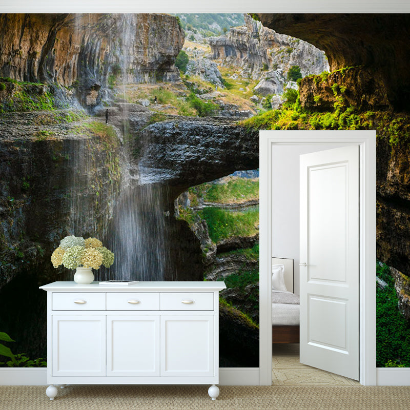 Modern Interior View Mural Green Cave with Cascade Landscape Wall Decor, Made to Measure Clearhalo 'Wall Decor' 'Wall Mural' 1505409