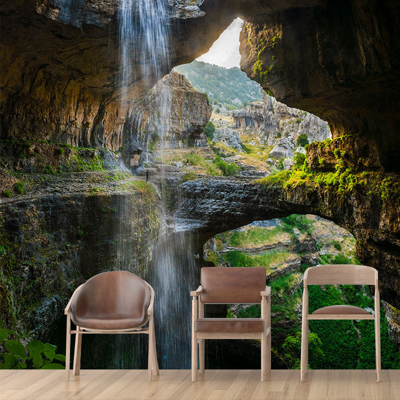 Modern Interior View Mural Green Cave with Cascade Landscape Wall Decor, Made to Measure Clearhalo 'Wall Decor' 'Wall Mural' 1505410