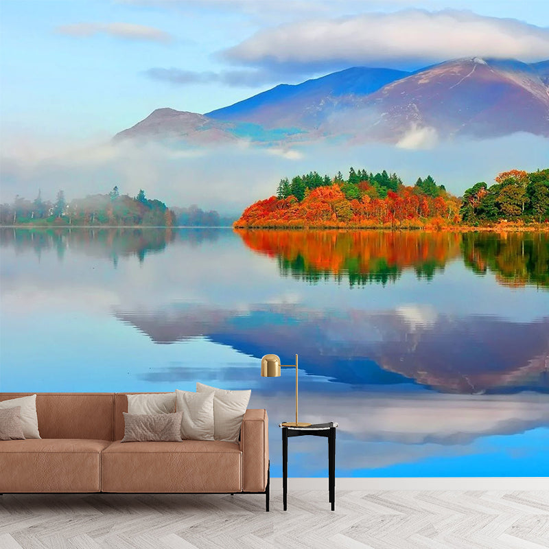 Blue Contemporary Wall Mural Big Autumn Forest by the Mirror Lake Wall Decor for Home Blue Clearhalo 'Wall Decor' 'Wall Mural' 1505428