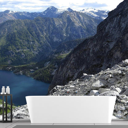 River Among Mountains Scenery Mural Decal Contemporary Non-Woven Wall Art in Green Green Clearhalo 'Wall Decor' 'Wall Mural' 1505433