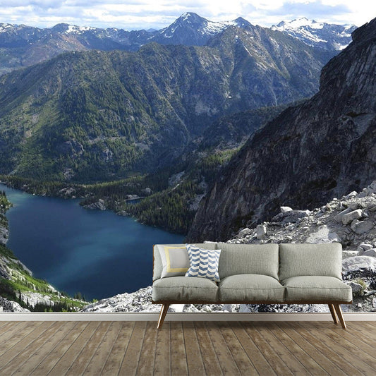 River Among Mountains Scenery Mural Decal Contemporary Non-Woven Wall Art in Green Clearhalo 'Wall Decor' 'Wall Mural' 1505435