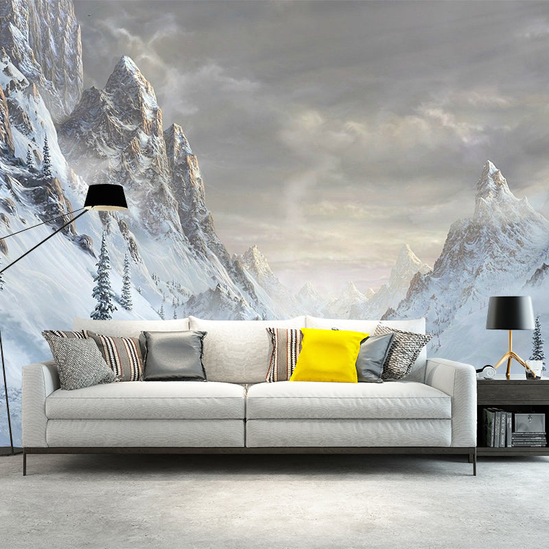 Mountain Covered with Snow Mural in White Modern Style Wall Art for Living Room, Custom Print Clearhalo 'Wall Decor' 'Wall Mural' 1505449