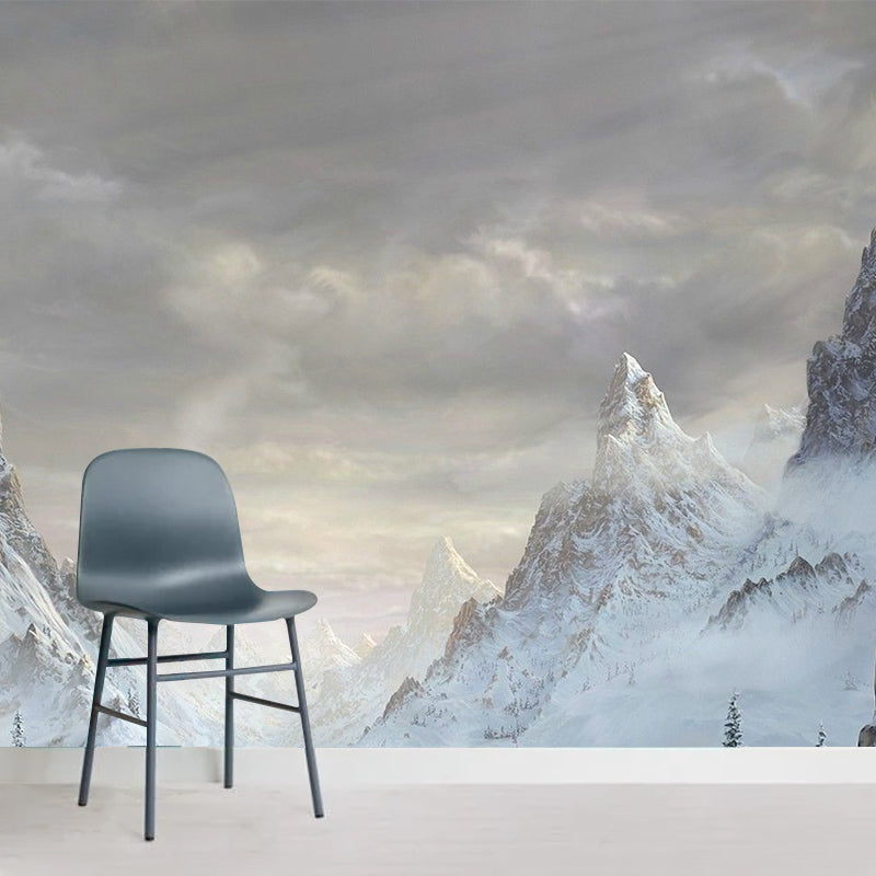 Mountain Covered with Snow Mural in White Modern Style Wall Art for Living Room, Custom Print Clearhalo 'Wall Decor' 'Wall Mural' 1505450