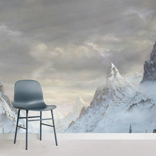 Mountain Covered with Snow Mural in White Modern Style Wall Art for Living Room, Custom Print Clearhalo 'Wall Decor' 'Wall Mural' 1505450