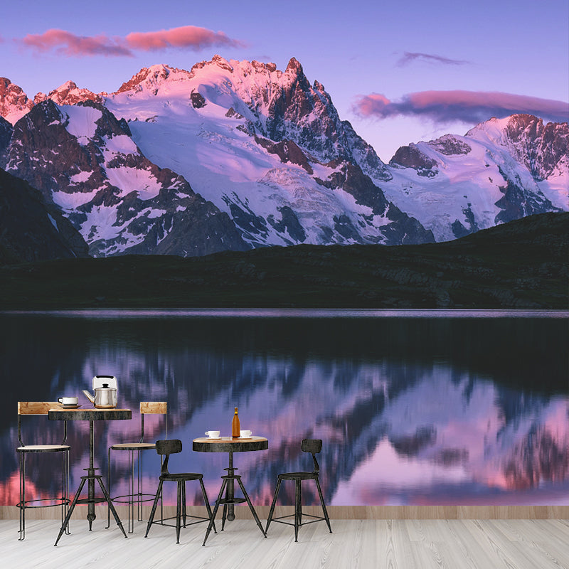 Purple Snow Mountain Reflection Mural Waterproofing Contemporary Bedroom Wall Art Purple Clearhalo 'Wall Decor' 'Wall Mural' 1505463