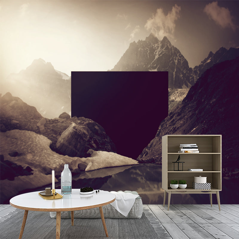Modernist Landscape Wallpaper Mural Brown Mountain and Lake Scene Wall Decoration Brown Clearhalo 'Wall Decor' 'Wall Mural' 1505468