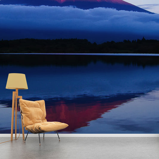Volcano Reflection in Lake Mural Blue-Red Modernism Wall Covering for Accent Wall Clearhalo 'Wall Decor' 'Wall Mural' 1505475