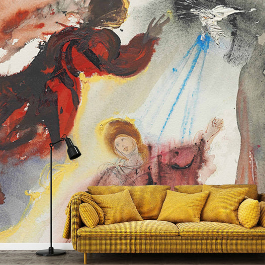 Red Religion Mural Wallpaper Mariae Annunciato of Luke 1:26f Surreal Washable Wall Art Clearhalo 'Wall Decor' 'Wall Mural' 1505535