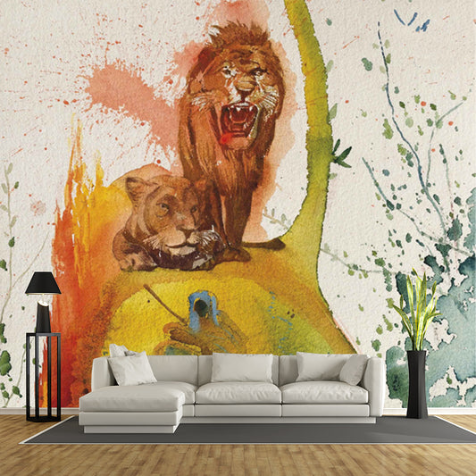 Surrealist Lions Painting Mural for Accent Wall Custom Wall Decoration in Yellow Clearhalo 'Wall Decor' 'Wall Mural' 1505544