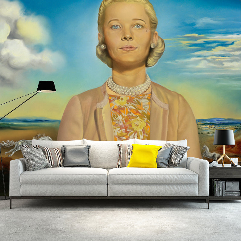 Yellow Surreal Mural Big Portrait of De Madame Winston Frederick Churchill Guest Wall Covering for Home Yellow Clearhalo 'Wall Decor' 'Wall Mural' 1505558