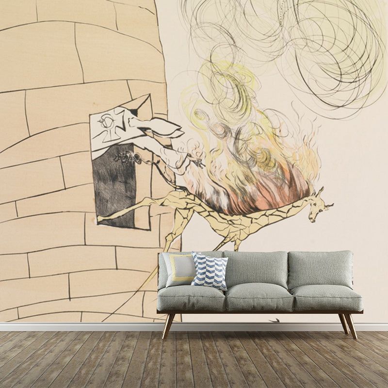 Huge Dali Drawing Mural Surreal Creative Horse Thrown Out of Fortress Wall Art in Beige Beige Clearhalo 'Wall Decor' 'Wall Mural' 1505583