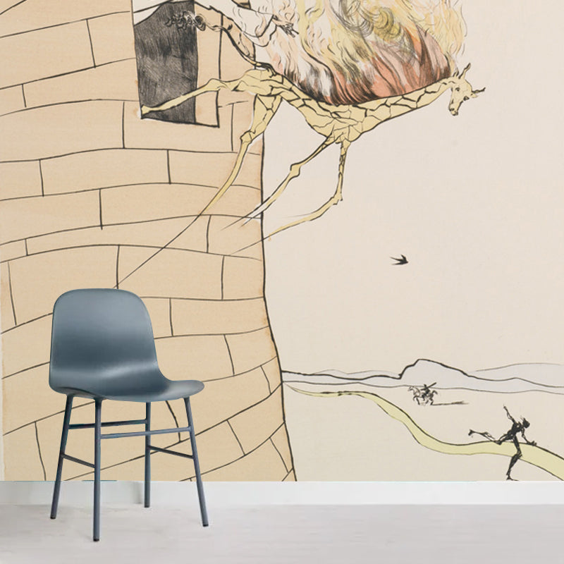 Huge Dali Drawing Mural Surreal Creative Horse Thrown Out of Fortress Wall Art in Beige Clearhalo 'Wall Decor' 'Wall Mural' 1505584