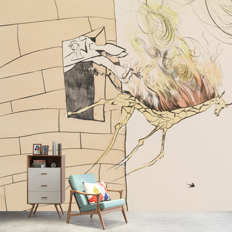 Huge Dali Drawing Mural Surreal Creative Horse Thrown Out of Fortress Wall Art in Beige Clearhalo 'Wall Decor' 'Wall Mural' 1505585