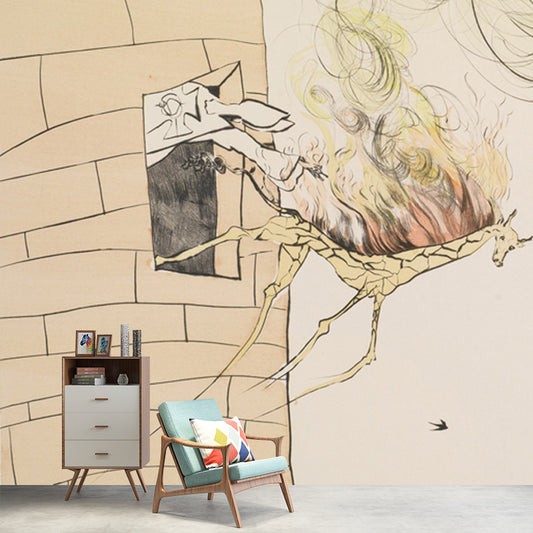 Huge Dali Drawing Mural Surreal Creative Horse Thrown Out of Fortress Wall Art in Beige Clearhalo 'Wall Decor' 'Wall Mural' 1505585