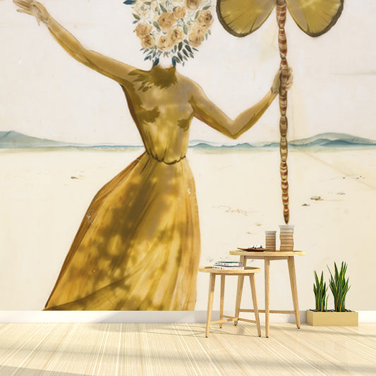 Yellow Dali Butterfly Drawing Mural Little Girl with Flower Head Surreal Washable Wall Art Clearhalo 'Wall Decor' 'Wall Mural' 1505614