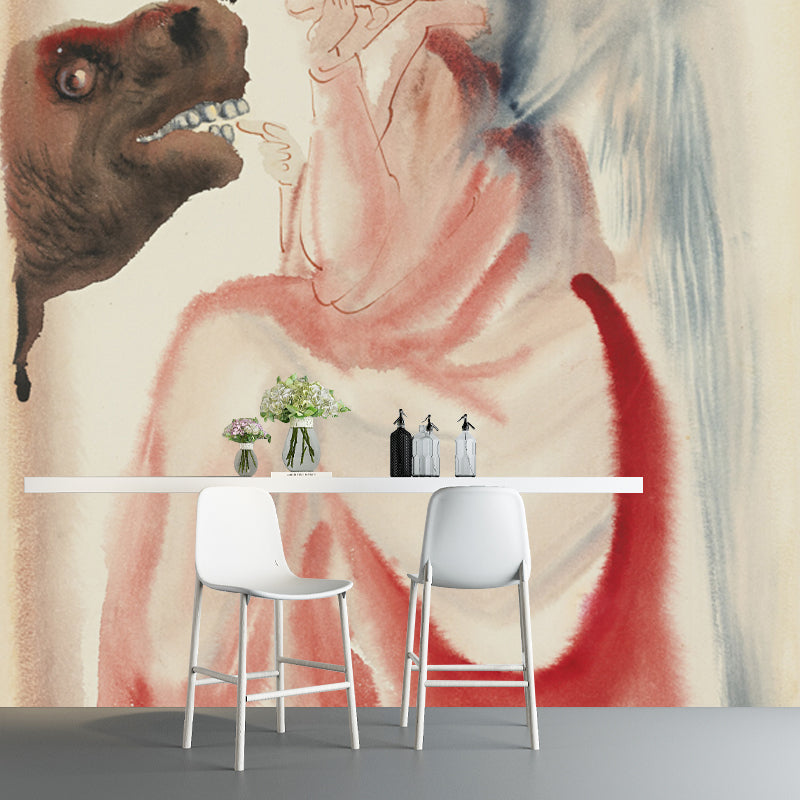 Red Angel Feeding Rhino Mural Decal Washable Wall Art for Hallway, Made to Measure Red Clearhalo 'Wall Decor' 'Wall Mural' 1505623