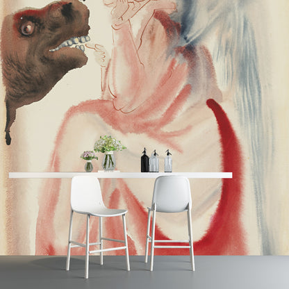 Red Angel Feeding Rhino Mural Decal Washable Wall Art for Hallway, Made to Measure Red Clearhalo 'Wall Decor' 'Wall Mural' 1505623