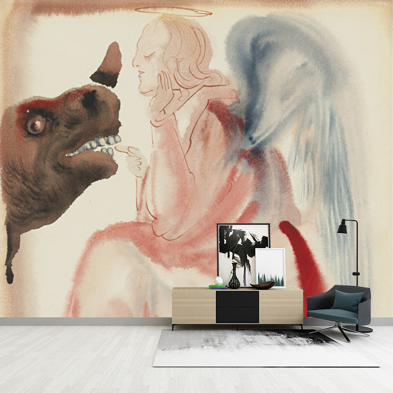 Red Angel Feeding Rhino Mural Decal Washable Wall Art for Hallway, Made to Measure Clearhalo 'Wall Decor' 'Wall Mural' 1505624