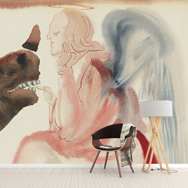 Red Angel Feeding Rhino Mural Decal Washable Wall Art for Hallway, Made to Measure Clearhalo 'Wall Decor' 'Wall Mural' 1505625