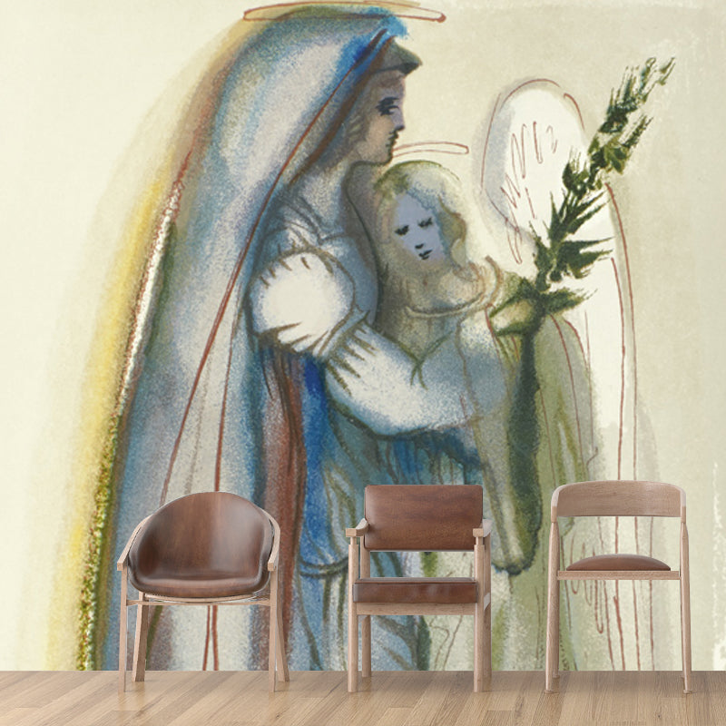 Full Size Lover Wall Mural Decal for Home Religious Wall Covering in Aqua, Waterproof Aqua Clearhalo 'Wall Decor' 'Wall Mural' 1505638