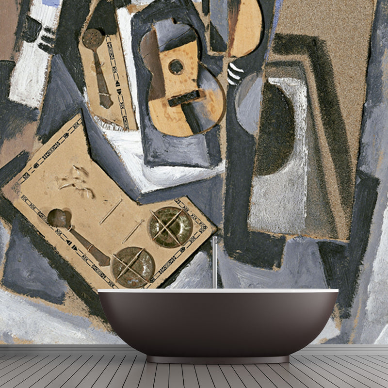 Illustration Pierrot and Guitar Mural Large Wall Art for Bedroom, Customized Size Brown Clearhalo 'Wall Decor' 'Wall Mural' 1505643