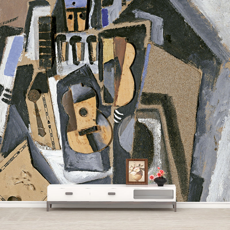 Illustration Pierrot and Guitar Mural Large Wall Art for Bedroom, Customized Size Clearhalo 'Wall Decor' 'Wall Mural' 1505644