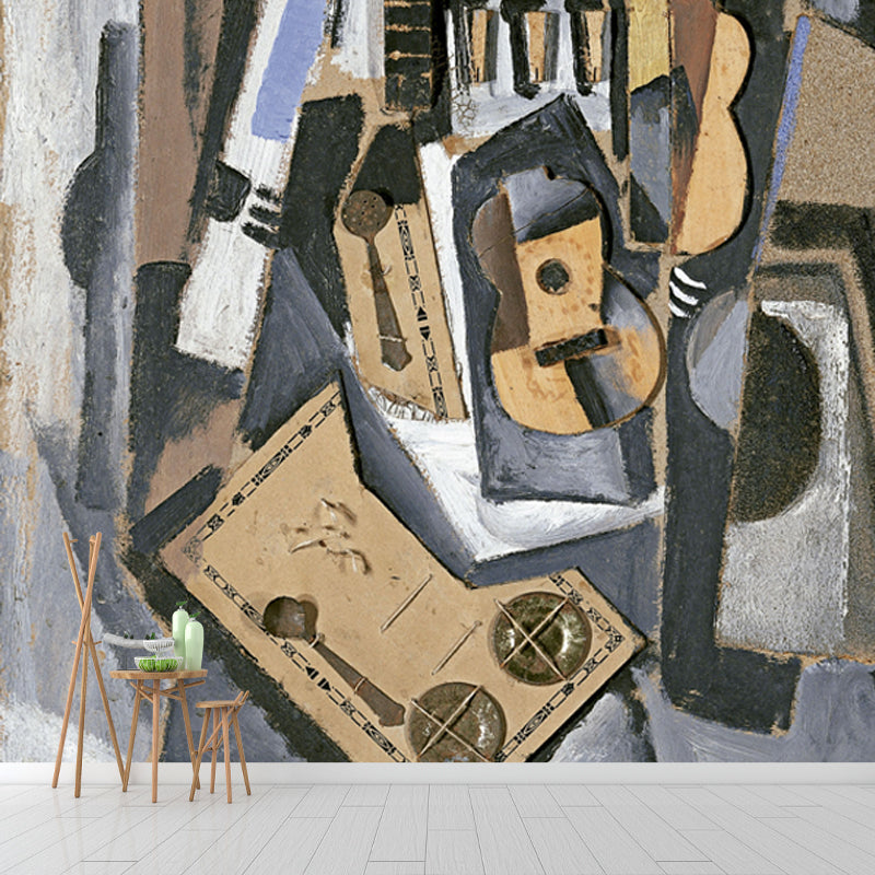 Illustration Pierrot and Guitar Mural Large Wall Art for Bedroom, Customized Size Clearhalo 'Wall Decor' 'Wall Mural' 1505645