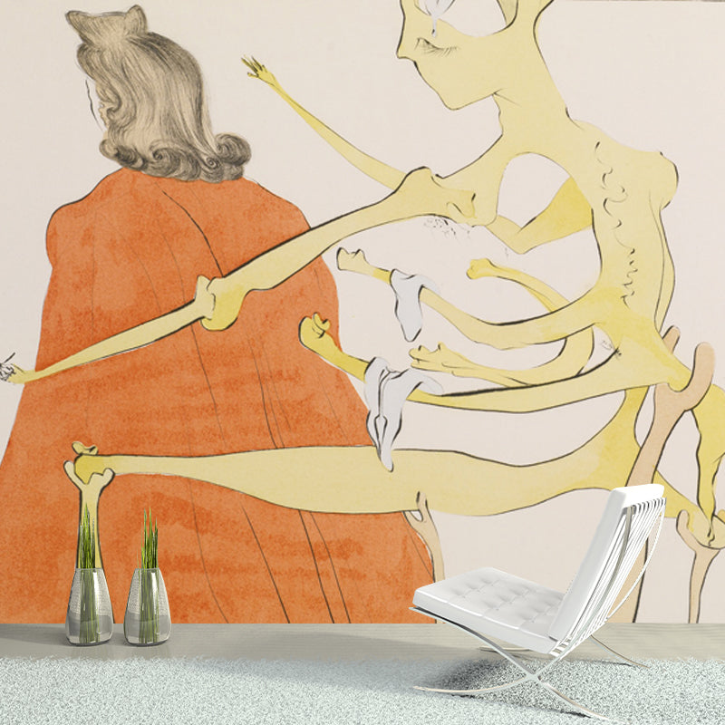 Orange Surrealist Wall Paper Mural Huge Skeleton on the Back of Priest Wall Covering for Home Orange Clearhalo 'Wall Decor' 'Wall Mural' 1505648