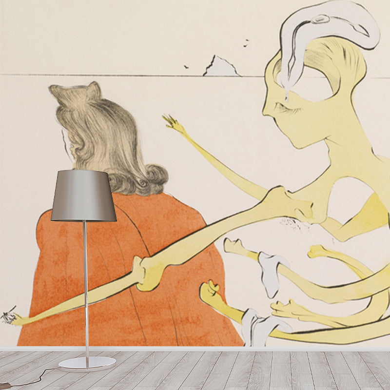 Orange Surrealist Wall Paper Mural Huge Skeleton on the Back of Priest Wall Covering for Home Clearhalo 'Wall Decor' 'Wall Mural' 1505649