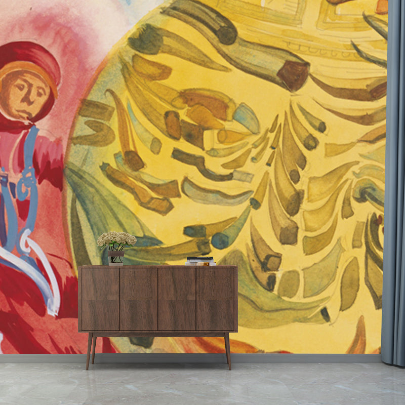 Spacemen in Sphere Mural Wallpaper Red and Yellow Surrealism Wall Decor for Bedroom Red Clearhalo 'Wall Decor' 'Wall Mural' 1505658