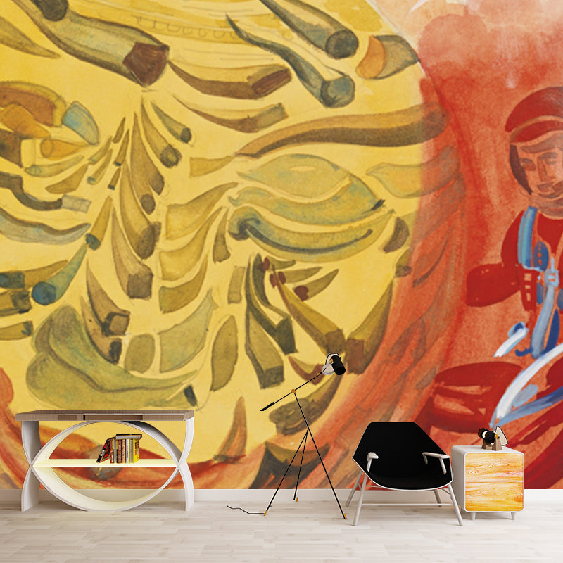 Spacemen in Sphere Mural Wallpaper Red and Yellow Surrealism Wall Decor for Bedroom Clearhalo 'Wall Decor' 'Wall Mural' 1505659