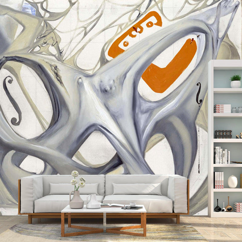Huge Surrealist Mural Grey Topological Contortion of A Female Figure Becoming A Violoncello Wall Art, Custom Made Grey Clearhalo 'Wall Decor' 'Wall Mural' 1505663