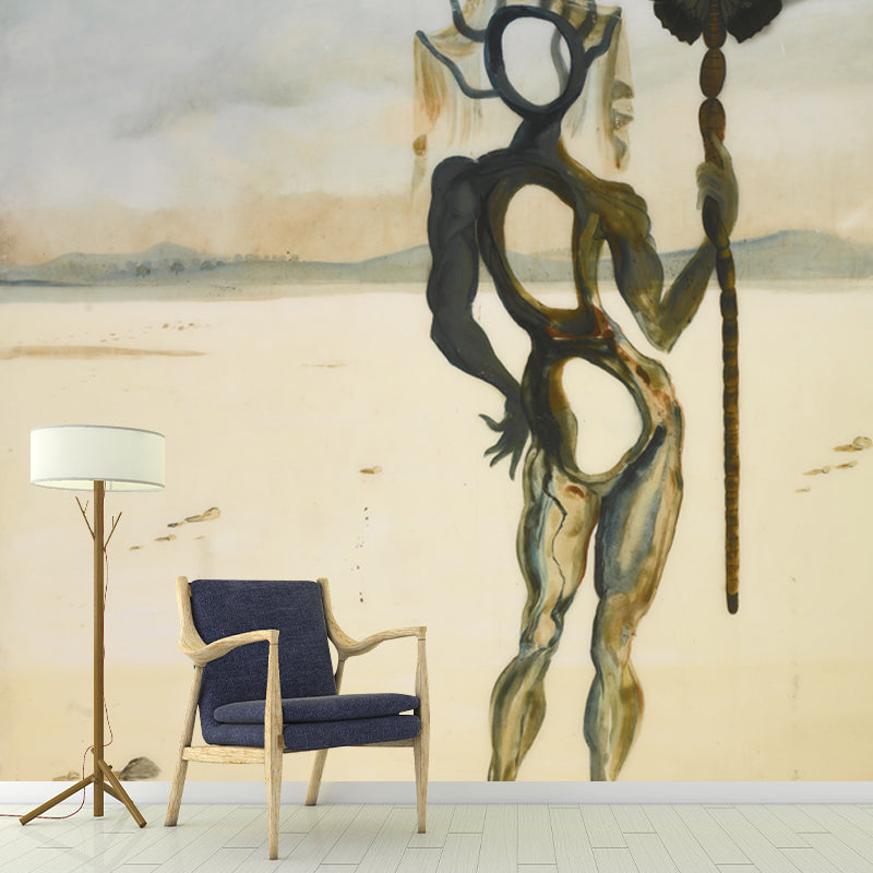 Skeleton Holding Butterfly Stake Mural Surrealist Non-Woven Cloth Wall Covering in Beige Beige Clearhalo 'Wall Decor' 'Wall Mural' 1505693