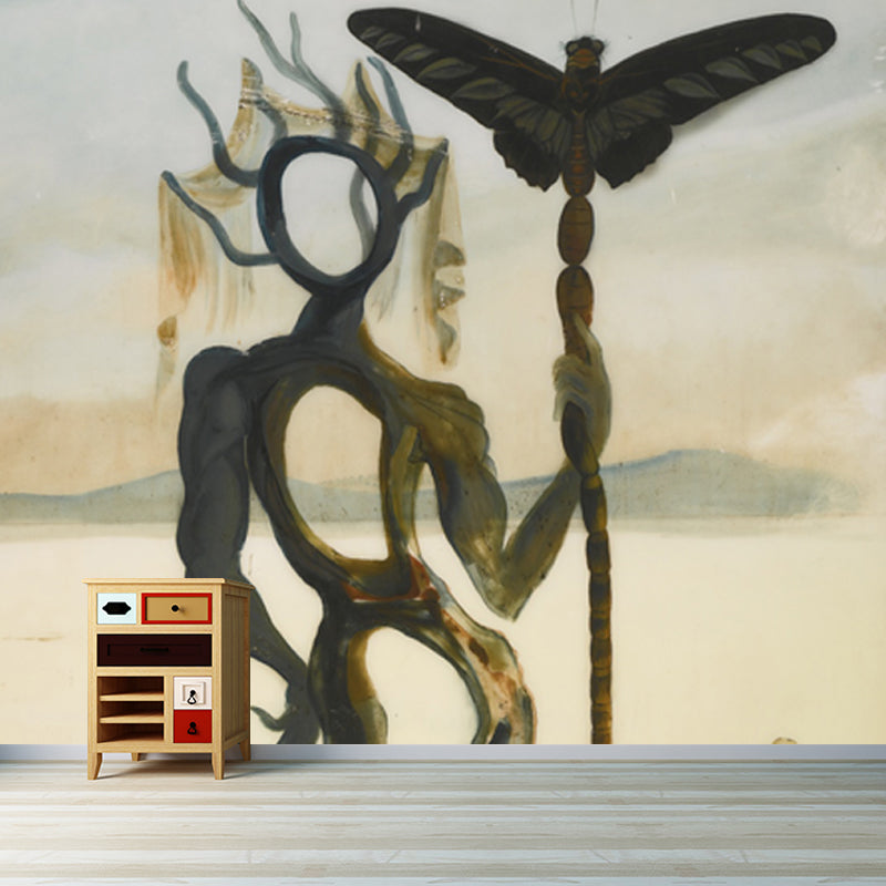 Skeleton Holding Butterfly Stake Mural Surrealist Non-Woven Cloth Wall Covering in Beige Clearhalo 'Wall Decor' 'Wall Mural' 1505694