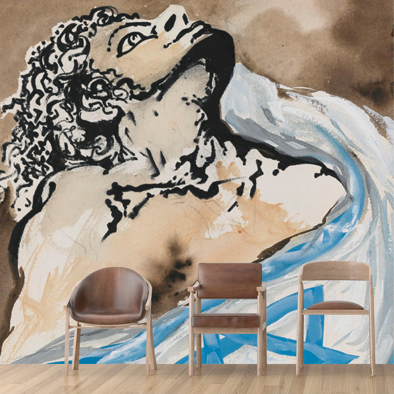 Illustration Dali Warrior Drawing Mural Full-Size Wall Art for Living Room, Custom Print Brown Clearhalo 'Wall Decor' 'Wall Mural' 1505708