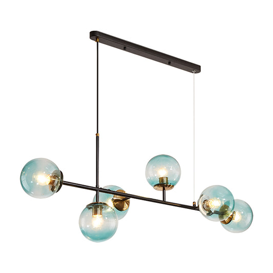Industrial 6-Light Island Pendant with Amber/Milky White/Gradient Blue Glass Shade Brass Ball Ceiling Light with Adjustable Cord Clearhalo 'Ceiling Lights' 'Glass shade' 'Glass' 'Island Lights' 'Pendant Lights' Lighting' 150574