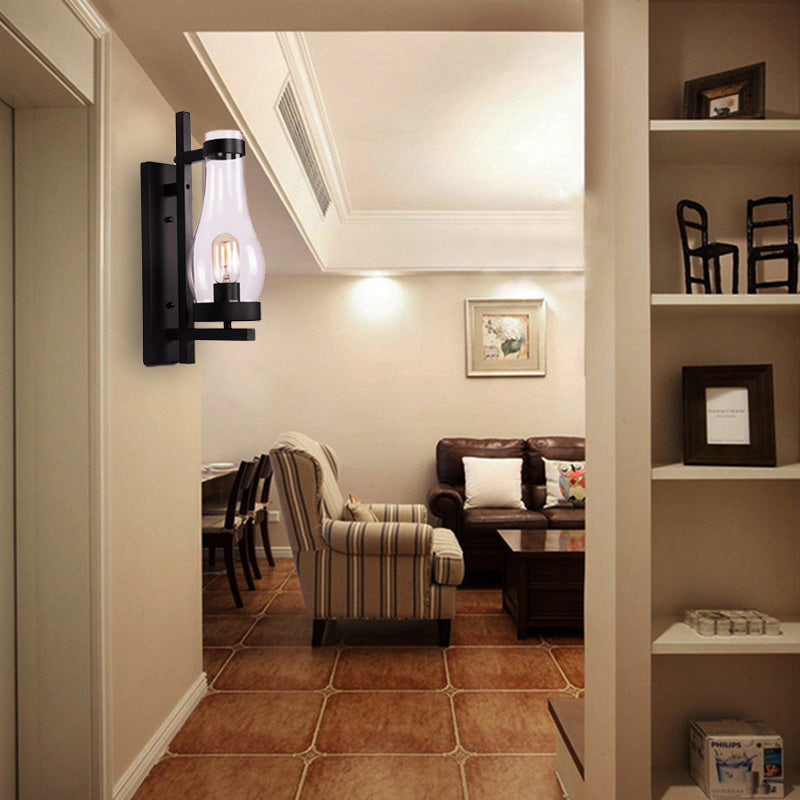 One Bulb Clear Glass Sconce Vintage Industrial Black Vase/Birdcage/Oval Corridor Wall Lamp Clearhalo 'Art deco wall lights' 'Cast Iron' 'Glass' 'Industrial wall lights' 'Industrial' 'Middle century wall lights' 'Modern' 'Rustic wall lights' 'Tiffany' 'Traditional wall lights' 'Wall Lamps & Sconces' 'Wall Lights' Lighting' 150585