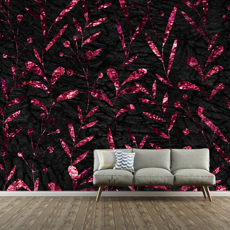Full Size Foil Wallpaper Mural Artistry Pretty Botanics Wall Decor in Bright Color Black Clearhalo 'Wall Decor' 'Wall Mural' 1505863