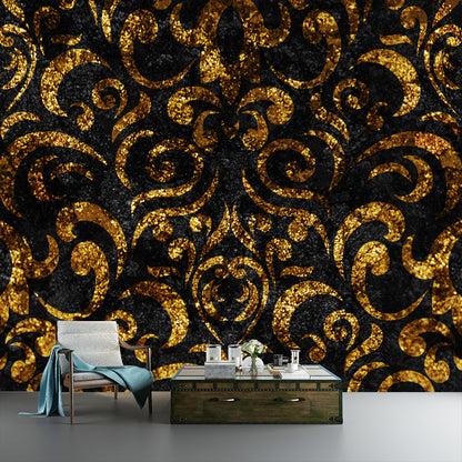 Dark Color Scrolls Foil Mural Stain-Resistant Nostalgic Living Room Wall Covering Gold Clearhalo 'Wall Decor' 'Wall Mural' 1505918
