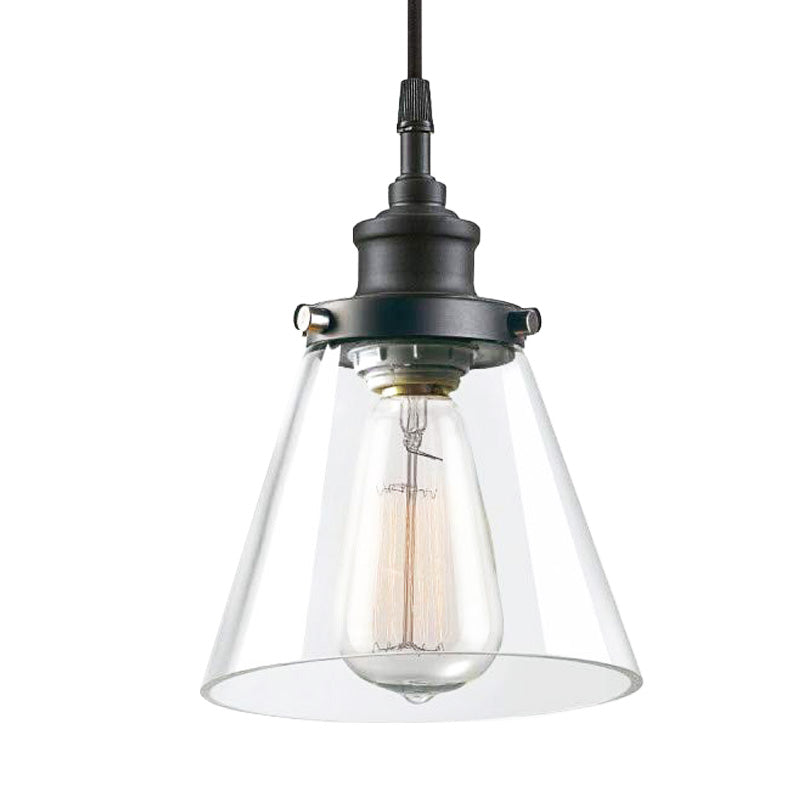 Black 1 Light Ceiling Pendant Light Industrial Clear Glass Cone Shade Hanging Lamp for Kitchen Clearhalo 'Ceiling Lights' 'Glass shade' 'Glass' 'Industrial Pendants' 'Industrial' 'Middle Century Pendants' 'Pendant Lights' 'Pendants' 'Tiffany' Lighting' 150597