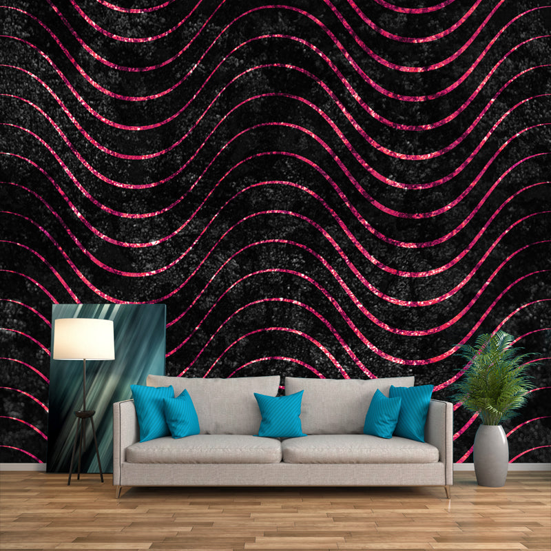 Large Modern Art Mural Dark Color Wavy Lines Foil Wall Covering, Made to Measure Black Clearhalo 'Wall Decor' 'Wall Mural' 1506028