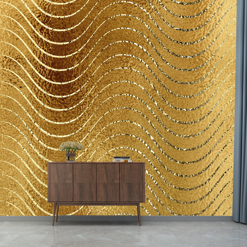 Large Modern Art Mural Dark Color Wavy Lines Foil Wall Covering, Made to Measure Gold Clearhalo 'Wall Decor' 'Wall Mural' 1506033