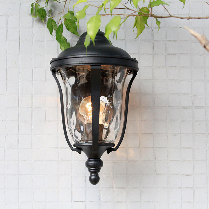 Urn Dimpled Glass Wall Mounted Lamp Industrial Single Bulb Outdoor Sconce Light in Black, 8"/10"/11" W Black Clearhalo 'Art deco wall lights' 'Cast Iron' 'Glass' 'Industrial wall lights' 'Industrial' 'Middle century wall lights' 'Modern' 'Rustic wall lights' 'Tiffany' 'Traditional wall lights' 'Wall Lamps & Sconces' 'Wall Lights' Lighting' 150646