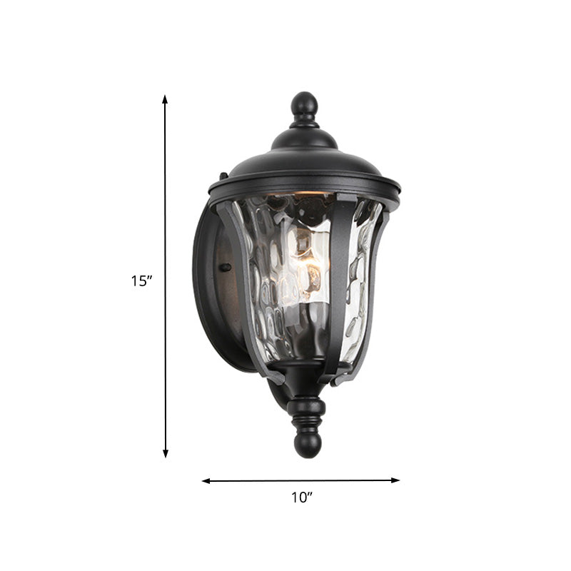 Urn Dimpled Glass Wall Mounted Lamp Industrial Single Bulb Outdoor Sconce Light in Black, 8"/10"/11" W Clearhalo 'Art deco wall lights' 'Cast Iron' 'Glass' 'Industrial wall lights' 'Industrial' 'Middle century wall lights' 'Modern' 'Rustic wall lights' 'Tiffany' 'Traditional wall lights' 'Wall Lamps & Sconces' 'Wall Lights' Lighting' 150651