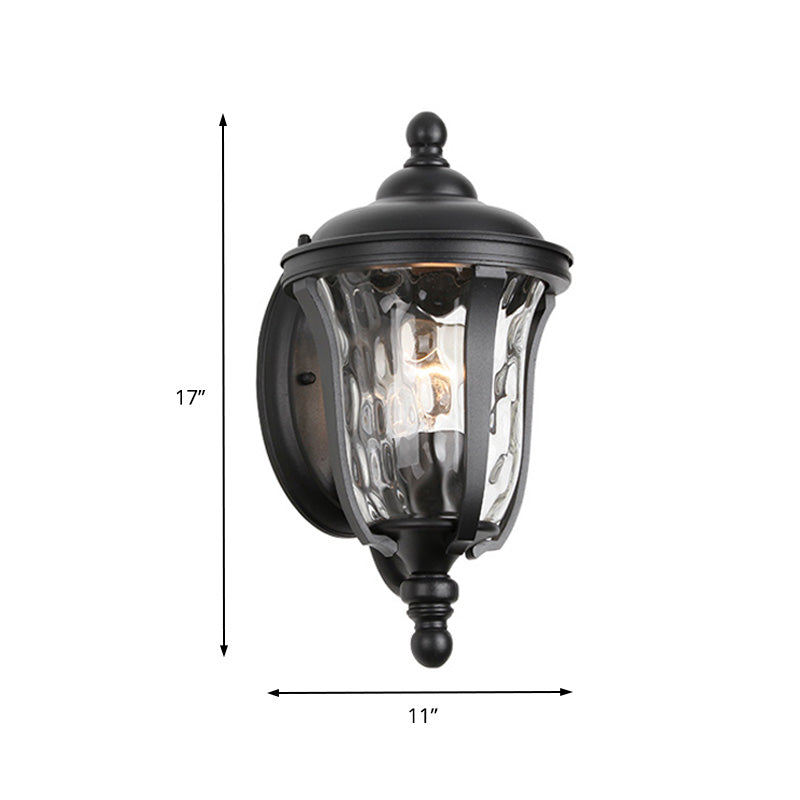 Urn Dimpled Glass Wall Mounted Lamp Industrial Single Bulb Outdoor Sconce Light in Black, 8"/10"/11" W Clearhalo 'Art deco wall lights' 'Cast Iron' 'Glass' 'Industrial wall lights' 'Industrial' 'Middle century wall lights' 'Modern' 'Rustic wall lights' 'Tiffany' 'Traditional wall lights' 'Wall Lamps & Sconces' 'Wall Lights' Lighting' 150652