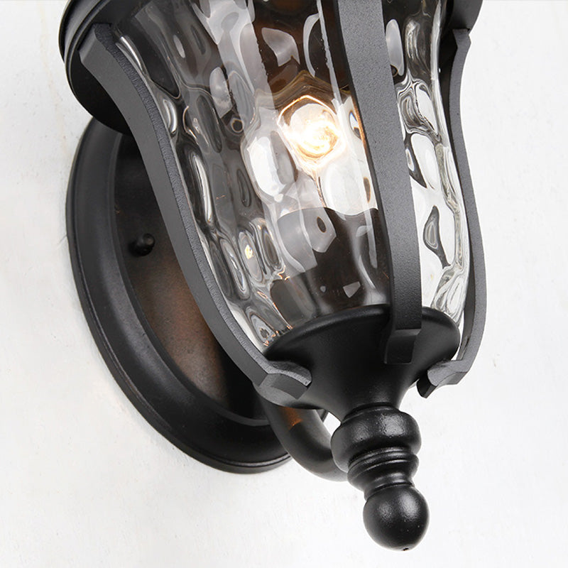 Urn Dimpled Glass Wall Mounted Lamp Industrial Single Bulb Outdoor Sconce Light in Black, 8"/10"/11" W Clearhalo 'Art deco wall lights' 'Cast Iron' 'Glass' 'Industrial wall lights' 'Industrial' 'Middle century wall lights' 'Modern' 'Rustic wall lights' 'Tiffany' 'Traditional wall lights' 'Wall Lamps & Sconces' 'Wall Lights' Lighting' 150653