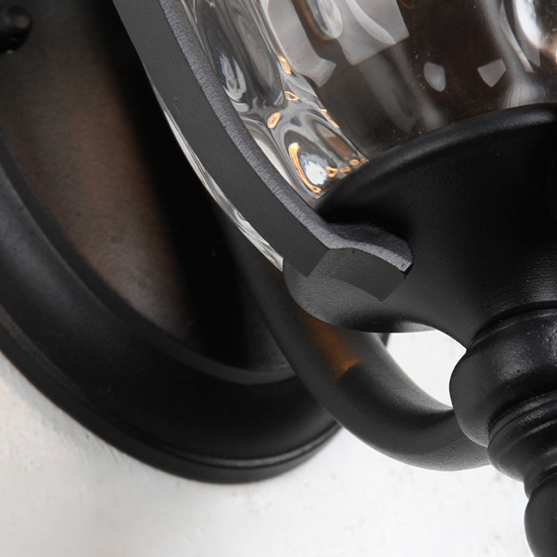 Urn Dimpled Glass Wall Mounted Lamp Industrial Single Bulb Outdoor Sconce Light in Black, 8"/10"/11" W Clearhalo 'Art deco wall lights' 'Cast Iron' 'Glass' 'Industrial wall lights' 'Industrial' 'Middle century wall lights' 'Modern' 'Rustic wall lights' 'Tiffany' 'Traditional wall lights' 'Wall Lamps & Sconces' 'Wall Lights' Lighting' 150654