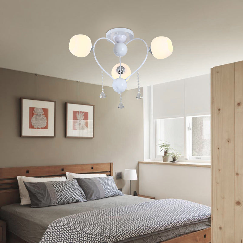 Globe Glass Shade Ceiling Light Fixture with Crystal Drop Rustic Metal 3/6/10 Heads Black/White Living Room Semi Flush Mount Light 3 White Clearhalo 'Ceiling Lights' 'Close To Ceiling Lights' 'Close to ceiling' 'Glass shade' 'Glass' 'Semi-flushmount' Lighting' 150729